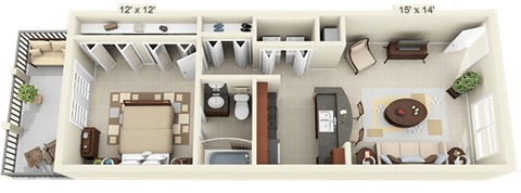 Floor plan for 1 bed, 1 bath, 621 sqft